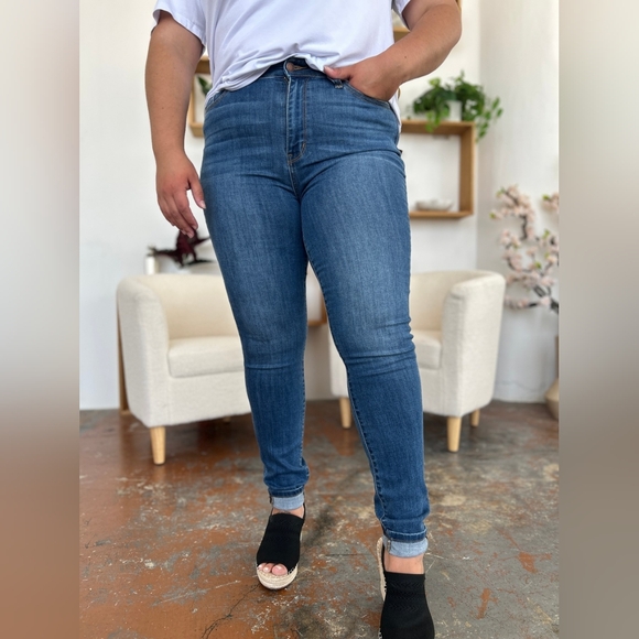 Skinny Stretch Slim Mid-Rise Denim Pants Cuffed Hem Judy Blue Jeans PLUS SIZE - Picture 1 of 14